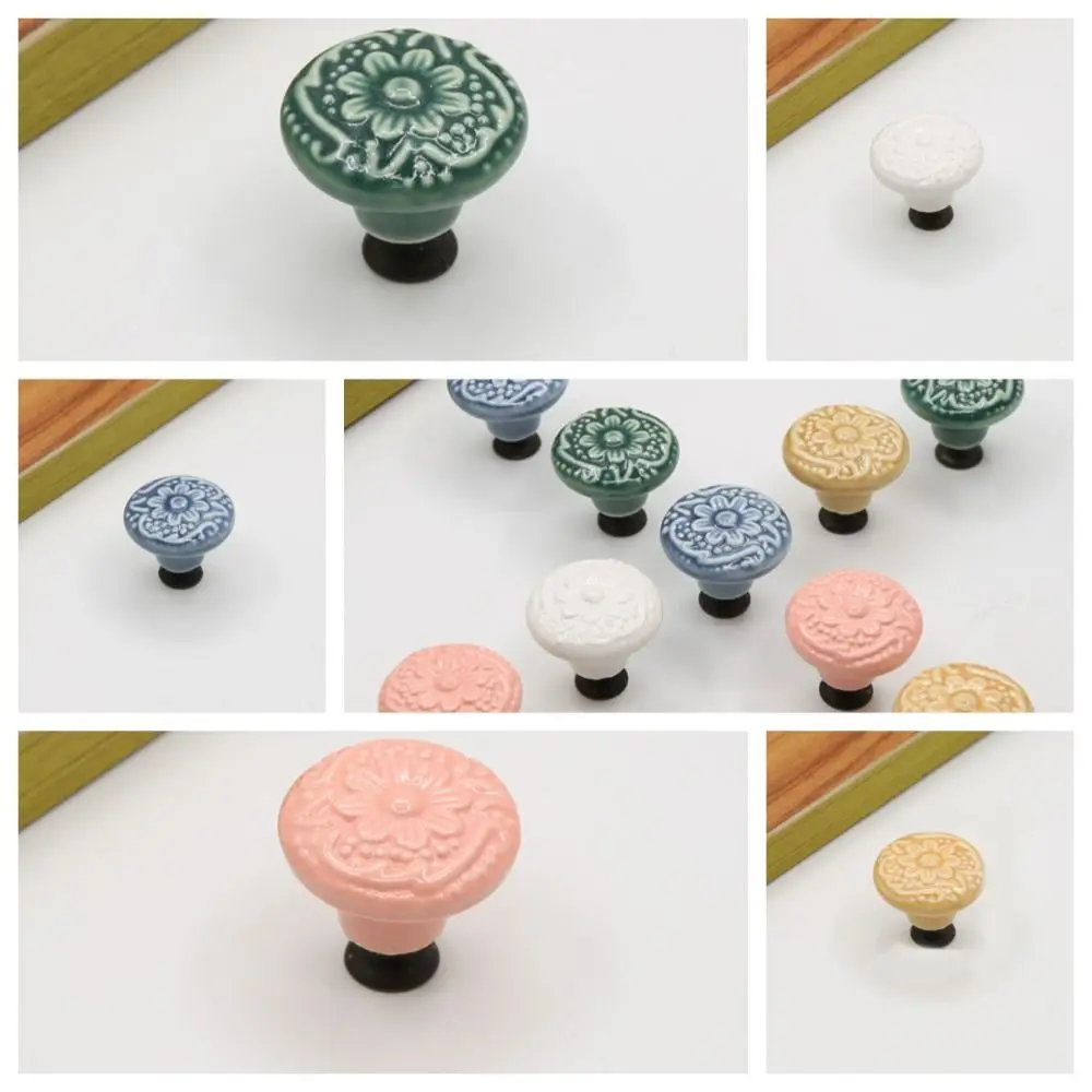 Relief Single Hole Ceramic Knob Pull Handles Round Door Knob Flower Surface Cabinet Knob Cupboard