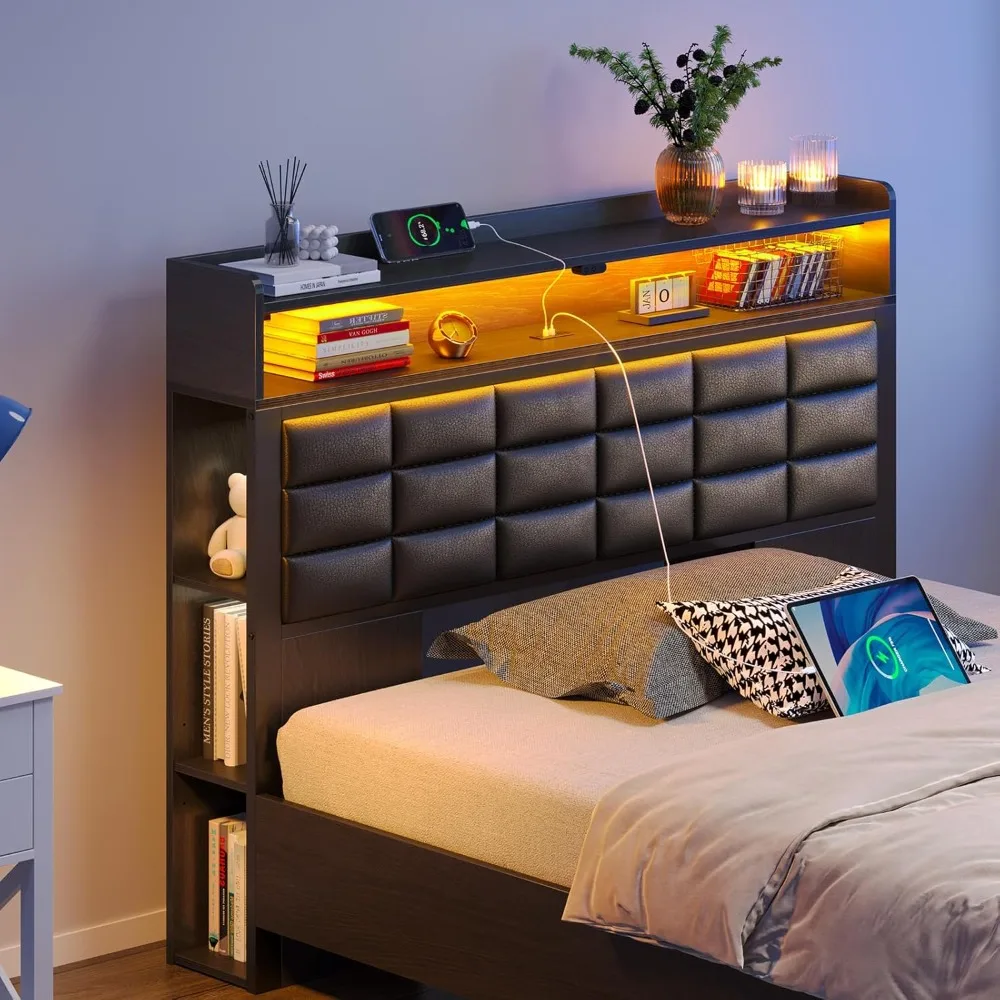 Bed Frame Twin Size with Storage Headboard and 2 Drawers, Upholstered Platform Bed with Charging Station and LED Light