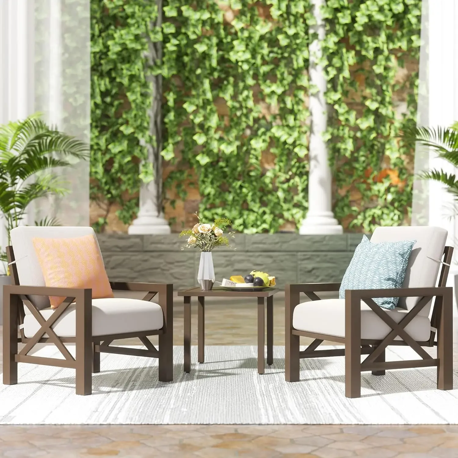 3-Piece Patio Bistro Set, Patio Conversation Furniture Set with 2 Chairs and 1 Metal Coffee Table, 6.5'' Thick Olefin Cushions