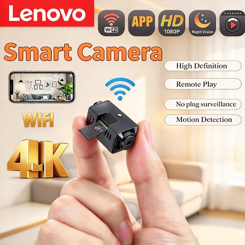 Lenovo 4K Mini Night Vision Wireless Surveillance Camera Lightweight Clear Portable Motion Detection Premium Quality Camera
