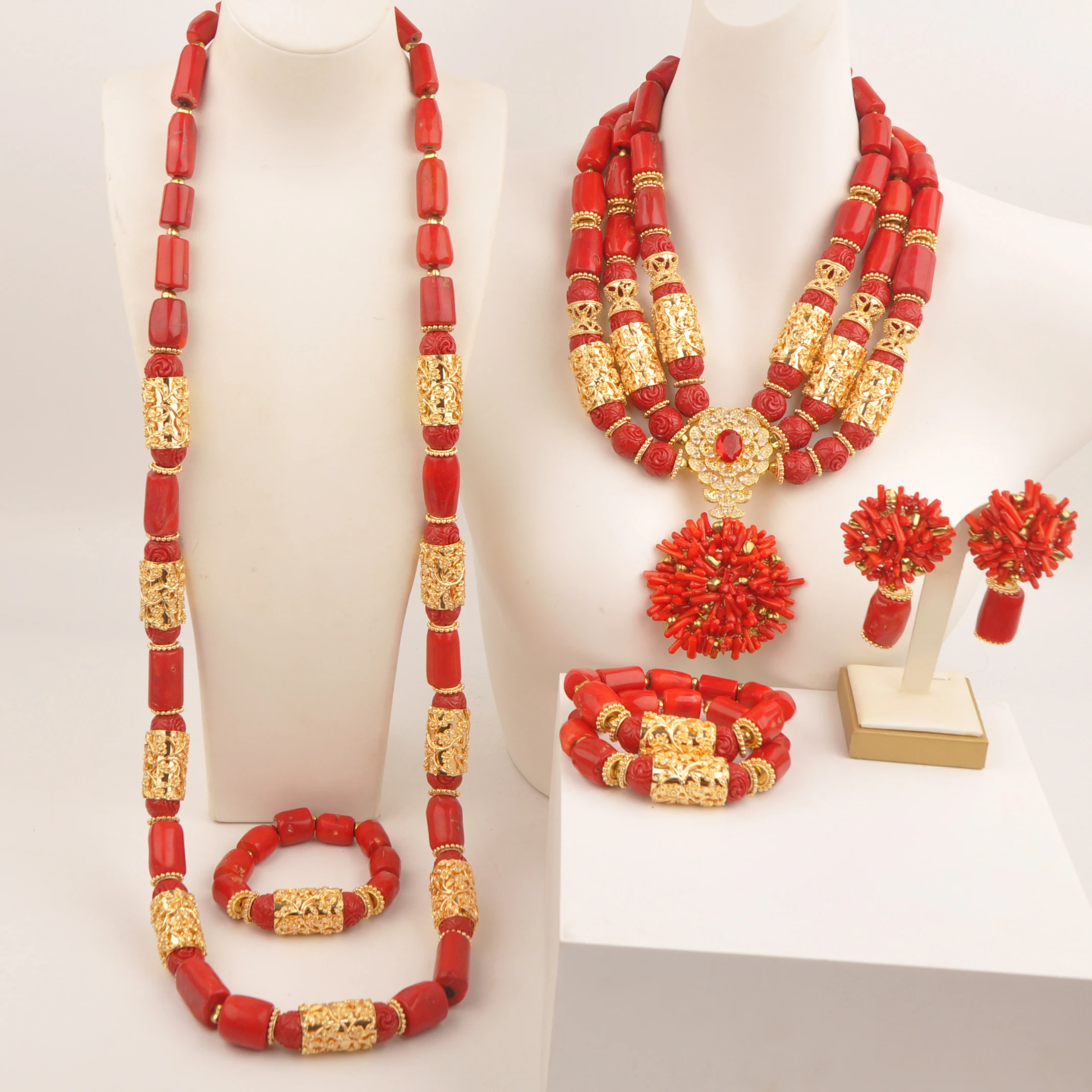 

Red African Necklace Collection Nigeria fashion wedding jewelry Natural coral