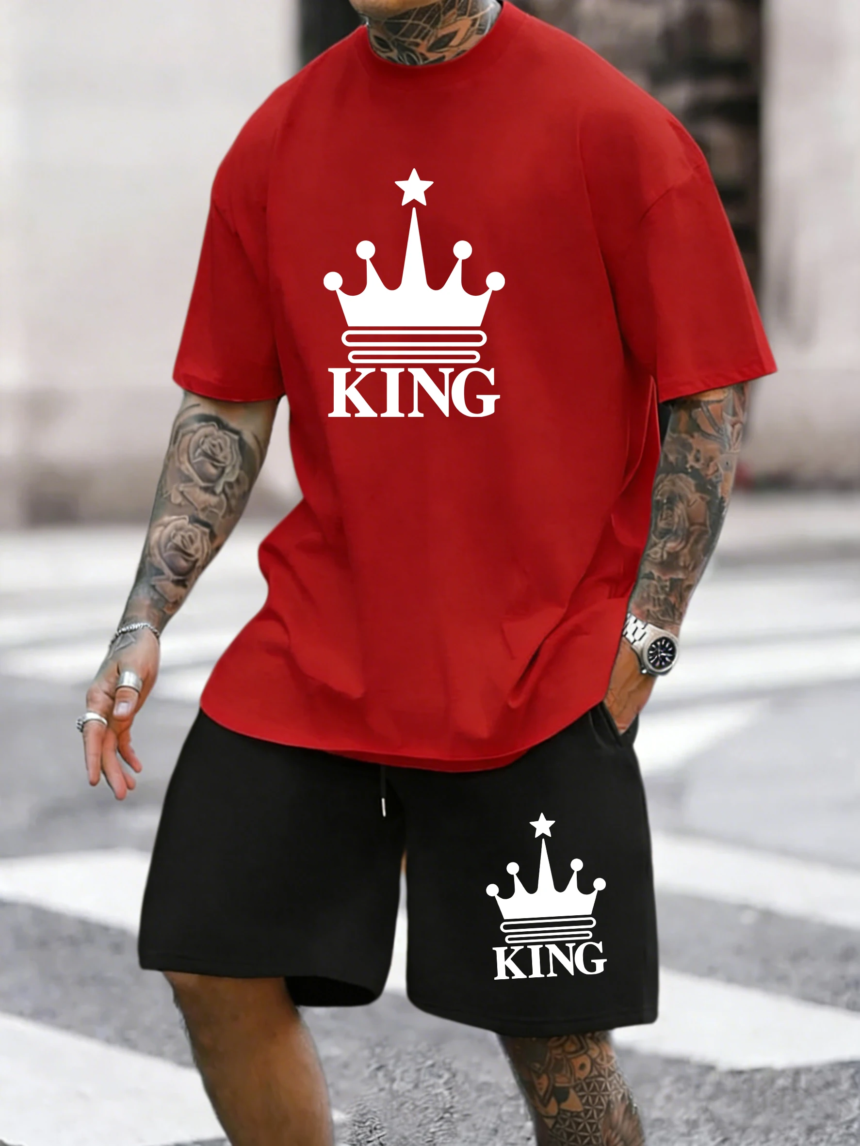 

2pcs T Shirts Set King Crown Prints Cotton T-Shirts Pants Casual Mens O-Neck Oversized Soft Tops High Waisted Pocket Male Shorts