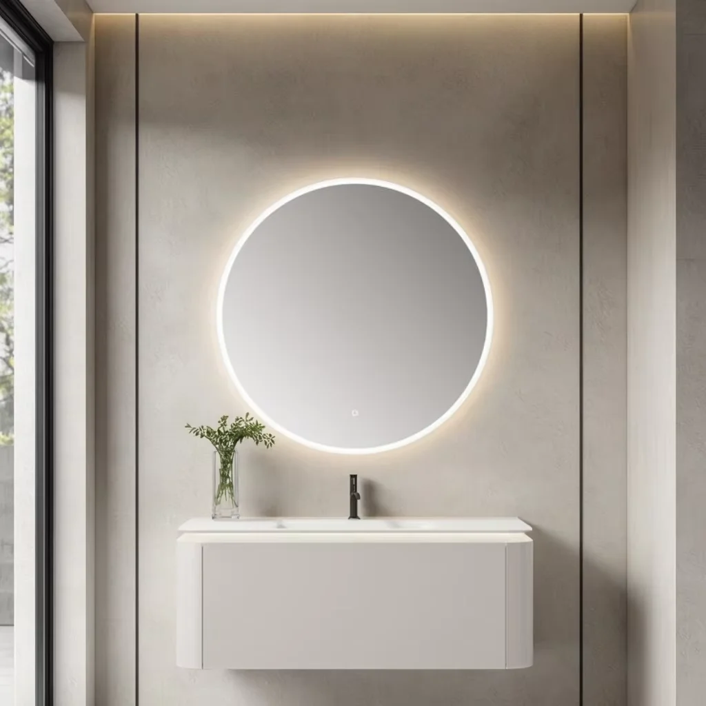 

Modern Luxury Waterproof LED Bath Mirror Wall Mounted Solid Wood Lacquered Vanity With Ceramic Basin For Home Or Hotel Use