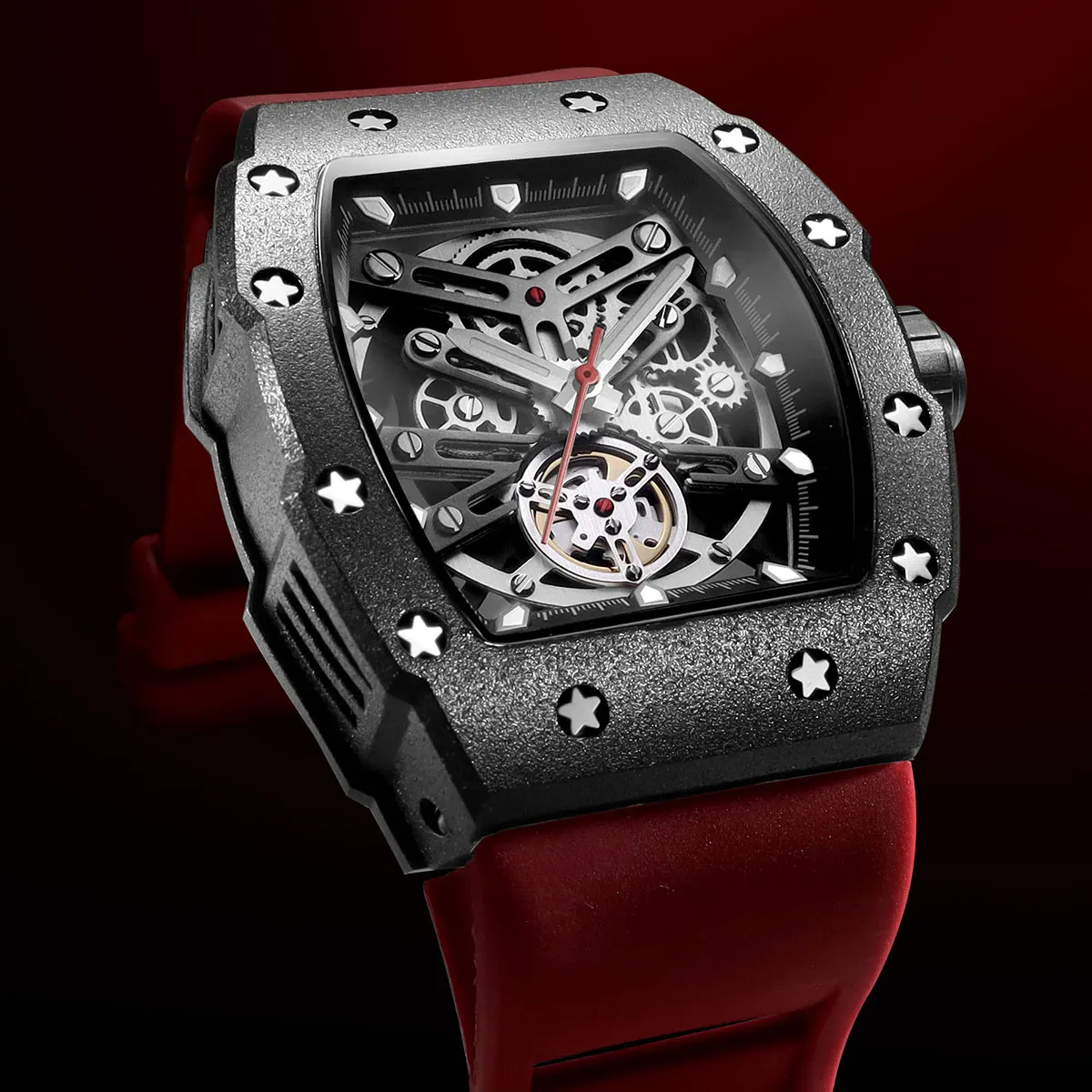 

Men's Skeleton Quartz Watch Tonneau-Shaped Stainless Steel Case Luminous Hands Silicone Band Transparent Back Sport Casual Watch