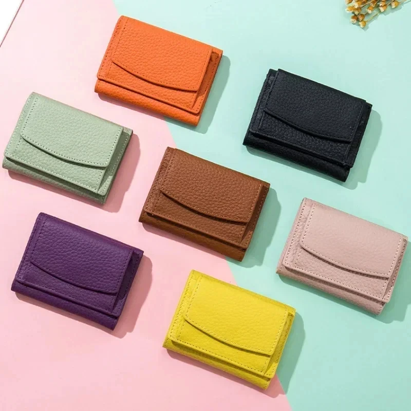 Mini billetera Multicolor de cuero genuino para niños, monedero japonés RFID, monedero informal de Color sólido, billetera pequeña para mujer