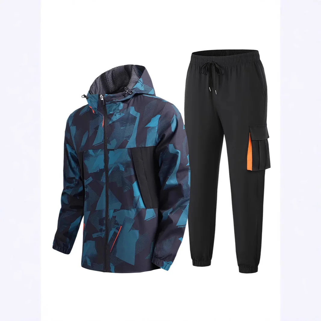 Men's Spring and Autumn Mountain Climbing Jacket and Pants Set, Thin Casual Outdoor Sports Hooded Jacket with Leggings Pants