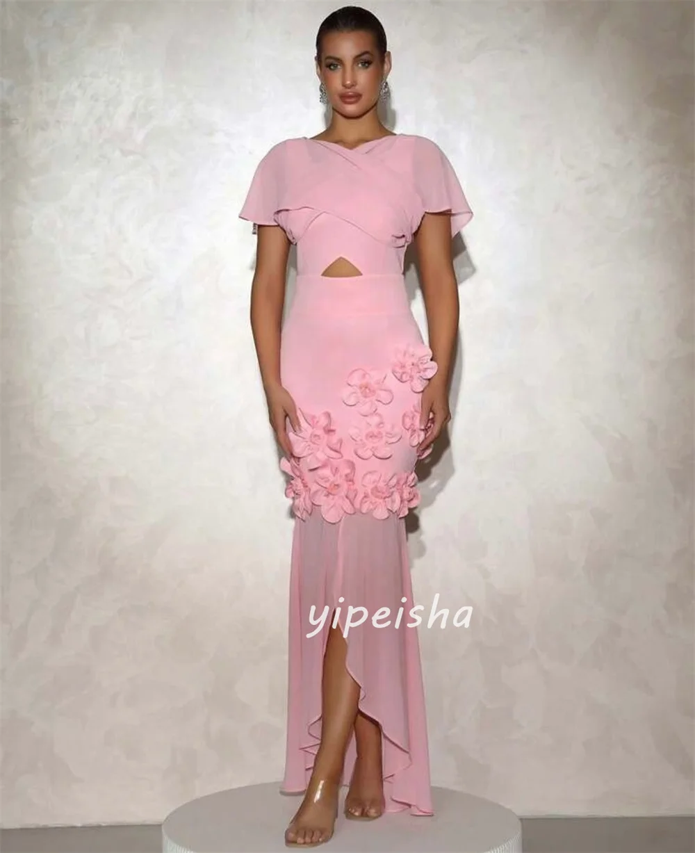 Customized Modern Style Classic Chiffon Handmade Flower Pleat Column Scoop Neck Ankle Length Dresses Bespoke Occasion Dresses