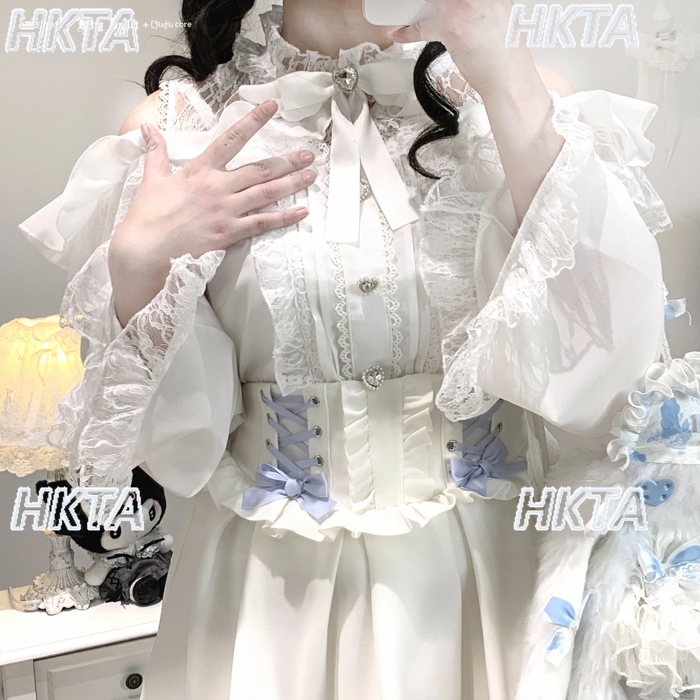 اليابانية لوليتا ركاب الجولة الرقبة خارج على الكتف طويلة الأكمام قميص أسود أعلى المرأة الخريف الحلو الدانتيل خياطة الدانتيل بلوزة #4