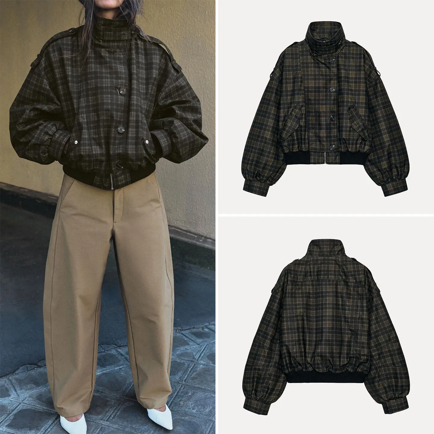 Women's Plaid Pilot Jacket Long Sleeve Stand Collar Autumn Wear 2026 New Arrival ZADATA Standard Fit Short Outerwear