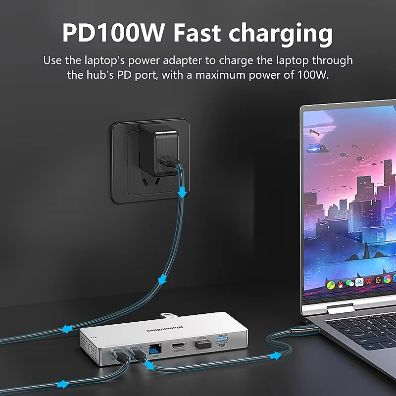 Hub USB Tipe C 14 In 1 dengan Adaptor RJ45 LAN HDTV 4K 60Hz 10Gbps USB 3.2 Hub Pembaca SD/TF 3.5Mm Audio PD100W