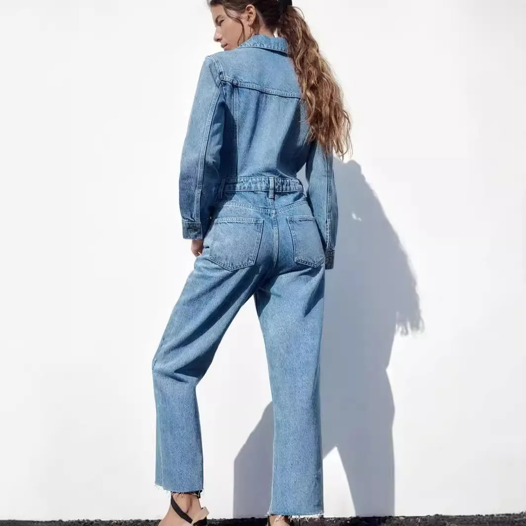 Jumpsuit Denim satu potong untuk wanita, jumpsuit wanita Lengan penuh kerah lipat Slim Fit pinggang ketat kaki lebar celana panjang overall kasual