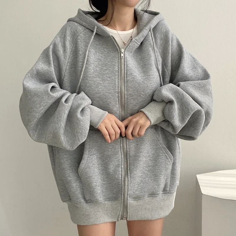 Chic Autumnal Lazy Sle Con cappuccio Cerniera ket Design Allentato Casual Lungo Sve Felpa Jaet Capispalla Faion da donna