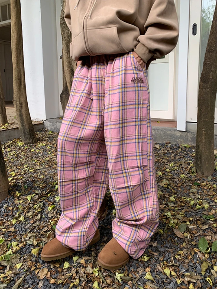 

QWEEK Y2K Pink Plaid Pants Women Korean Fashion Winter Checked Trousers Oversized Harajuku Vintage 90s Wide Leg Pantalones