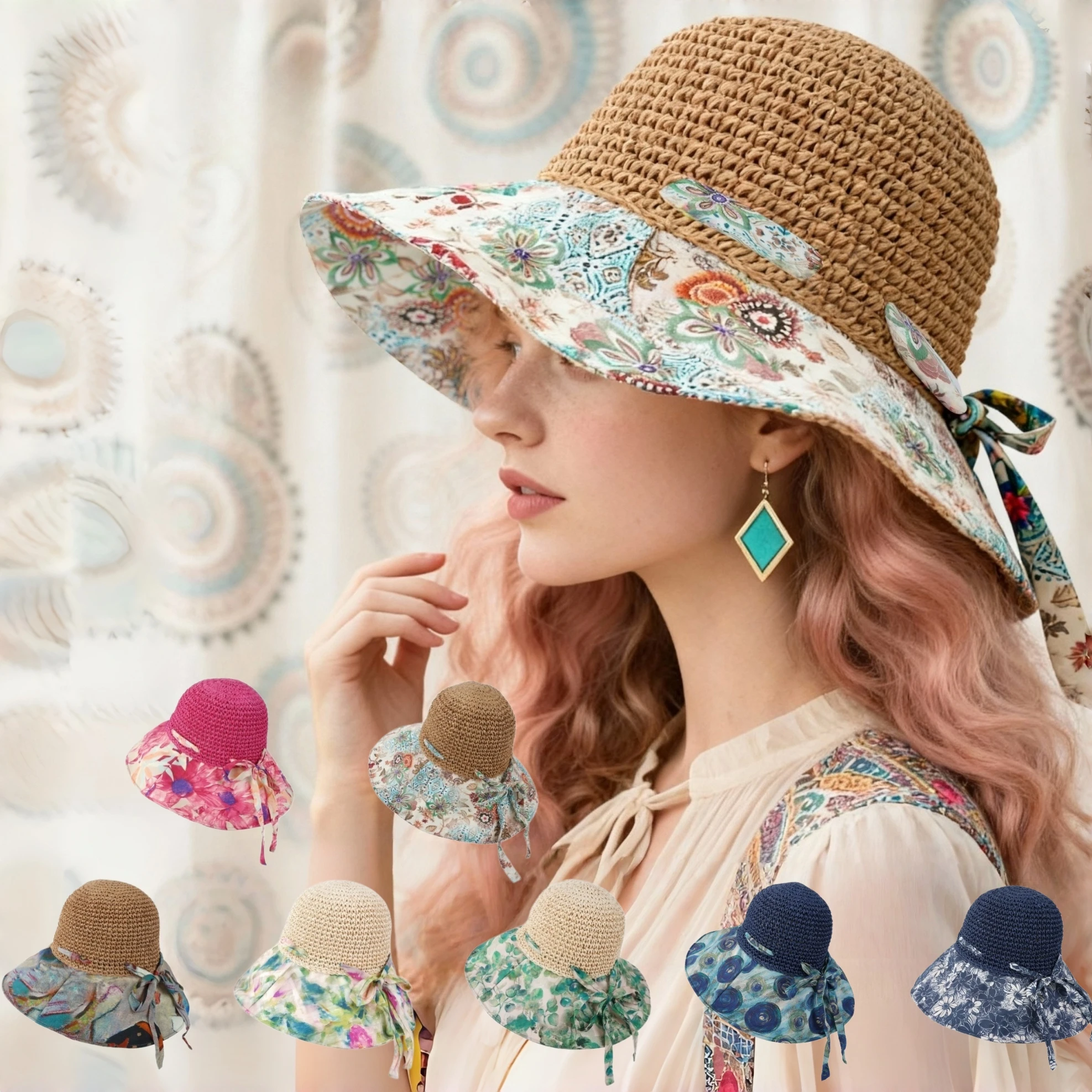 Bohemian-style wide-brimmed flower straw hat, sun protection hat for women