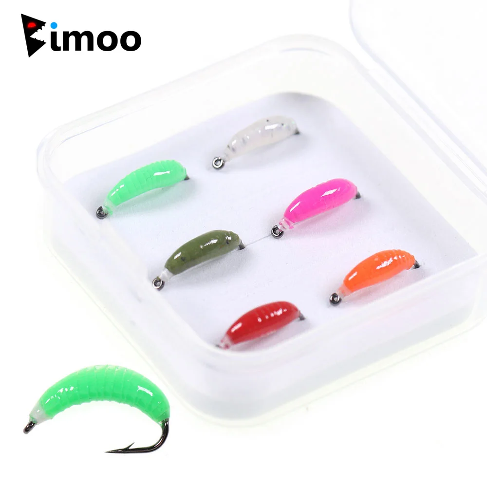 Bimoo-señuelo de pesca para insectos, moscas de gusano Caddis larvas, río rocoso, trucha, color blanco y rojo, #8, #10, caja de 6 unidades