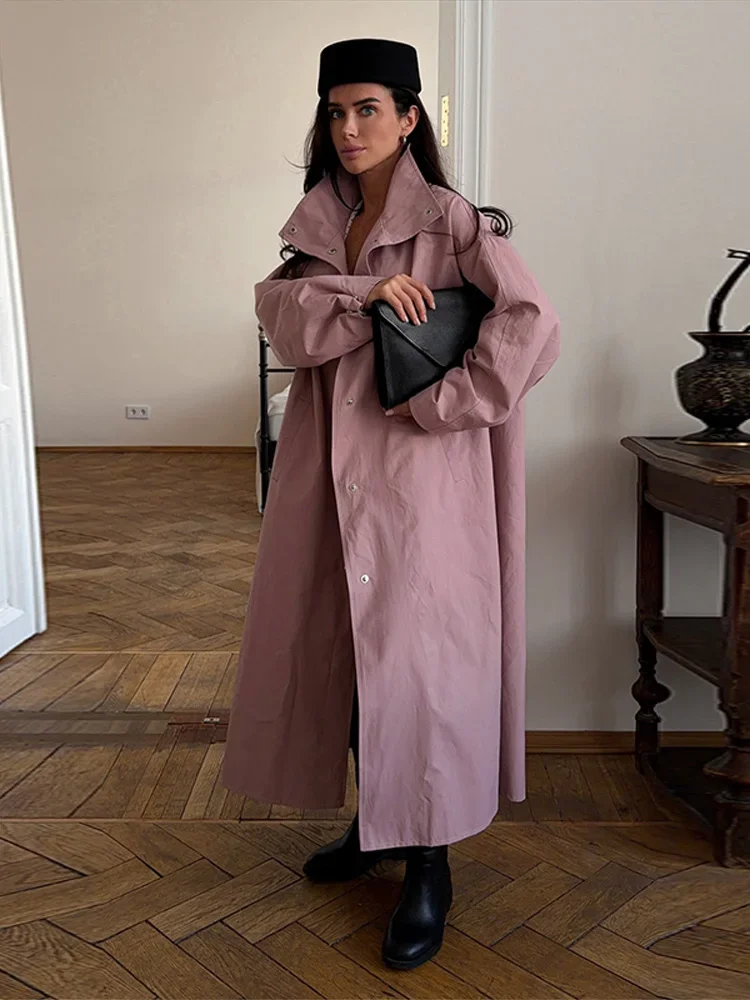 Casual Women's Autumn Long Windbreaker Stand Collar Single Breasted Full Sleeve Green Pink Trench Coat 2026 Lady Loose Outwear view 5