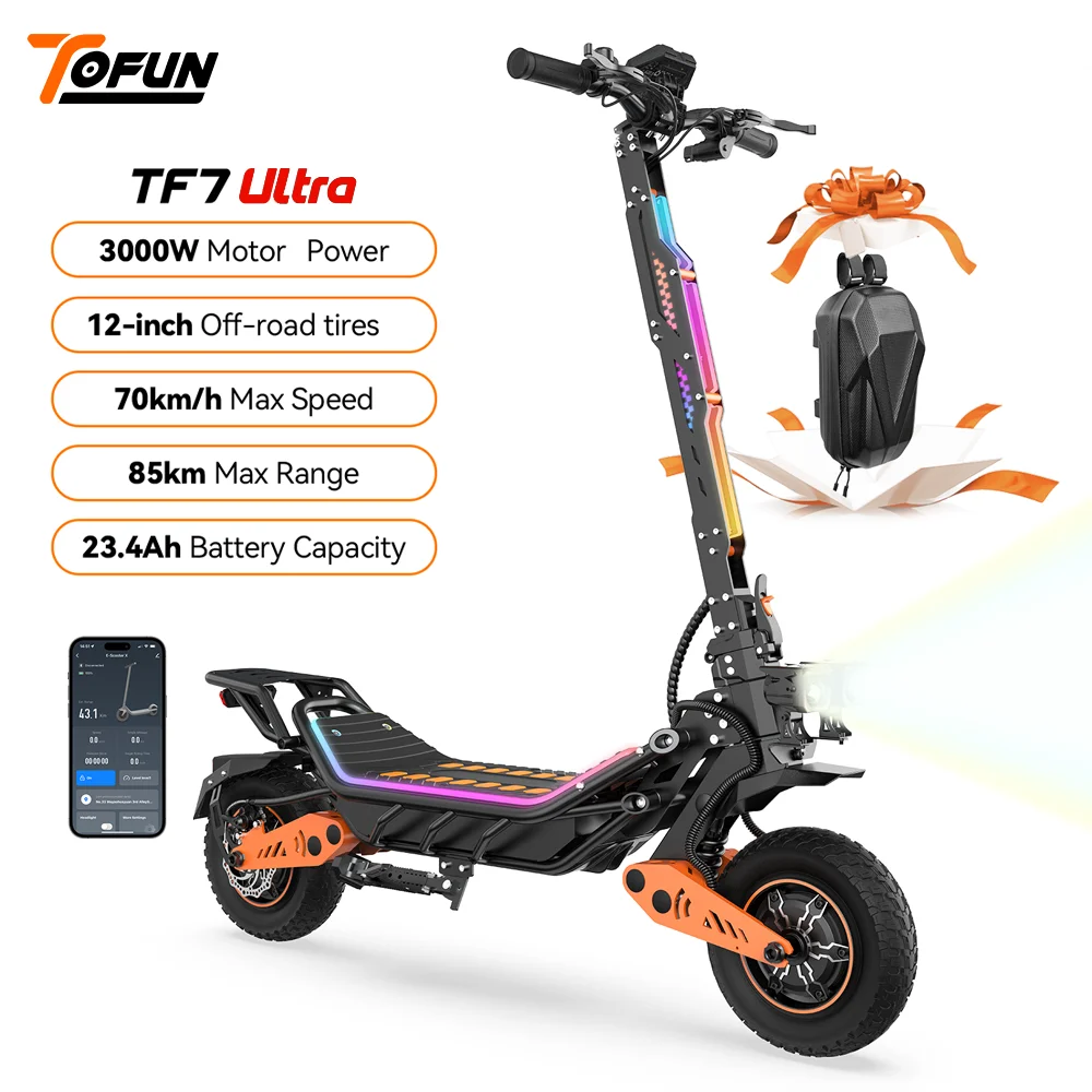 TOFUN TF7 Ultra Electric Scooter 60V 23.4Ah Max Speed 70km/h 75km Range 12'' Tire Dual Shock Absorbing Folding EScooter Adults