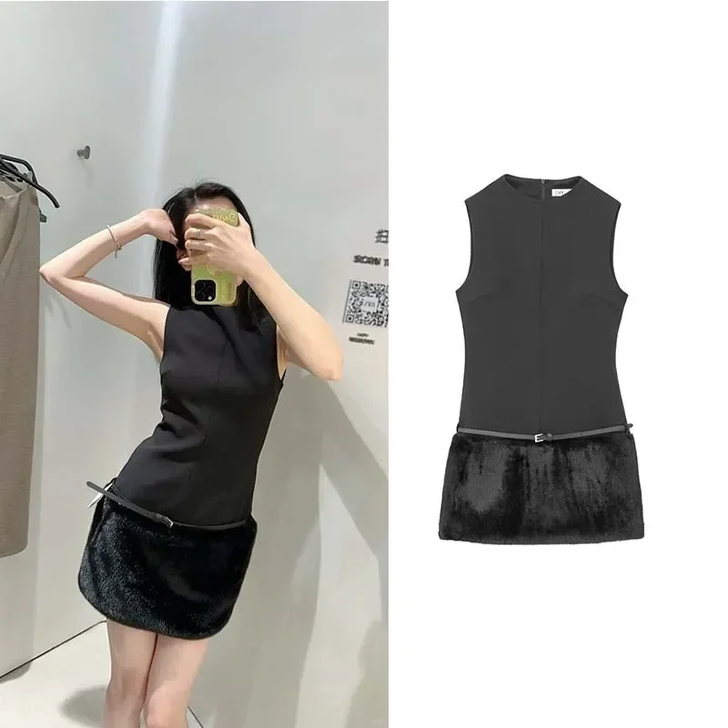 파티 드레스 여성 여름 선드레스 우아하고 아름다운 여성 드레스 빈티지 기본 인조 모피 블랙 미니 드레스