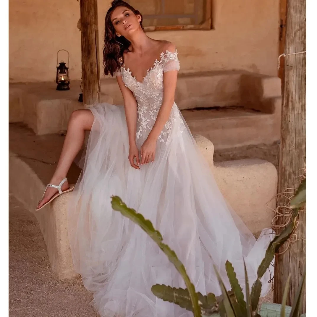 Vestido de novia de manga larga con cuello en V y Espalda descubierta, traje elegante de princesa de encaje, personalizado, 2024