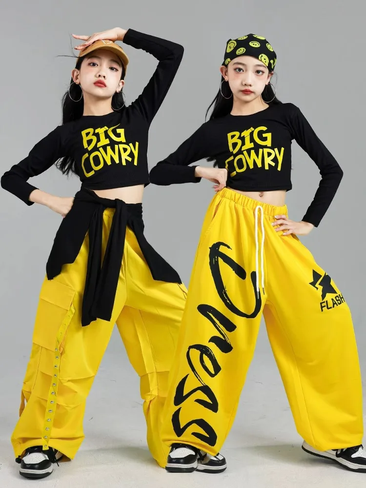 

Kids Hip Hop Streetwear Fashion K-pop Crop Top with Lettering Cargo Pants Street Dance Cardigan Set for Girls Group Jazz Clothes