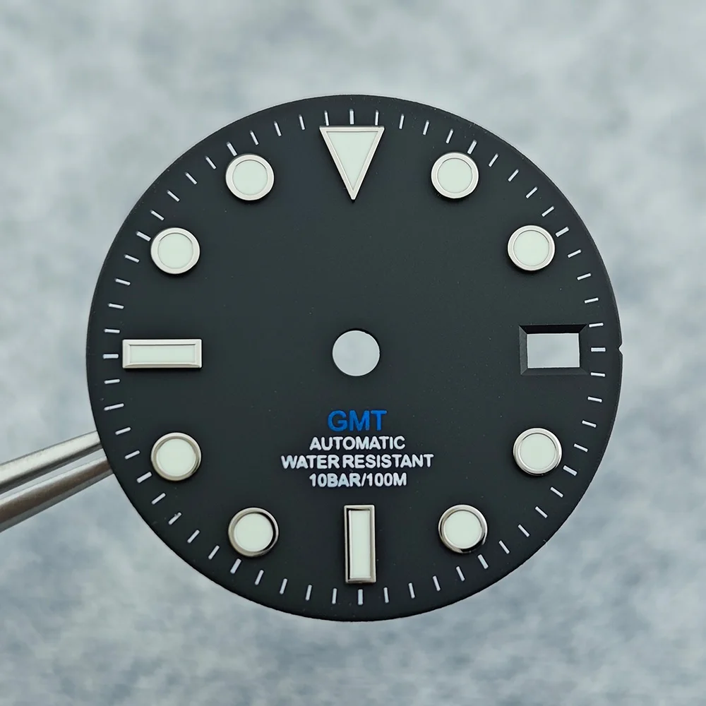 28.5 مللي متر NH34 الطلب ساعة الطلب أسود أزرق أخضر أزرق أحمر برتقالي GMT نص أسود ذهبي روز حافة لحركة NH34 C3 مضيئة