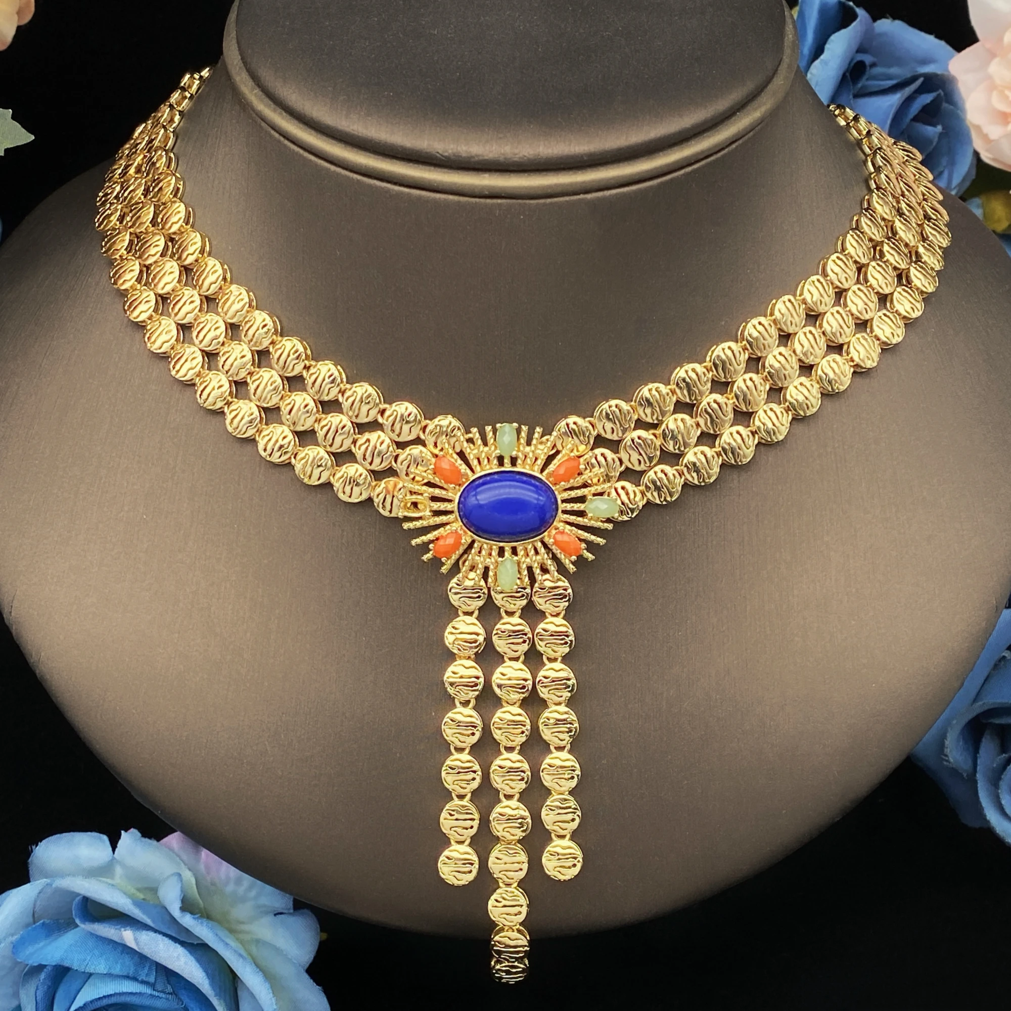 JRH Luxury Women's Jewelry Set 18K Gold Plated Necklace Earrings Ring Bracelets Colorful Treasure Jewelry Set Banquet Party Gift