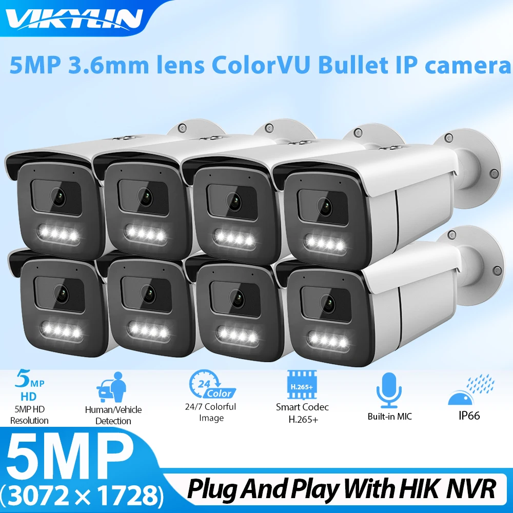 Vikylin 5MP 3.6mm lens IP Camera Compatible Hikvision ColorVU Human Car Detection with MIC CCTV POE Security Camera Onvif IP66