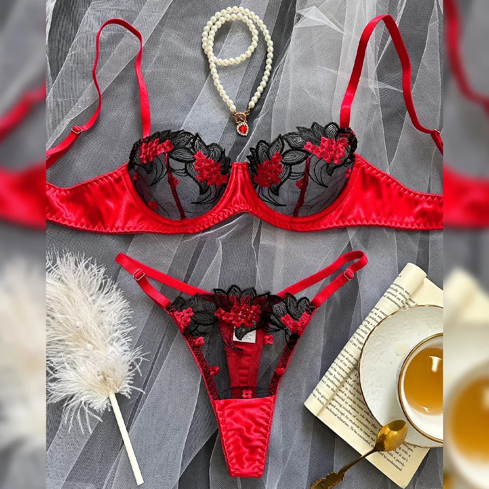 

Women Sheer Perspective Bra Thong Panties Underwear Set Lace Flower Embroidery Transparent Outfit Temptation Erotic Lingerie
