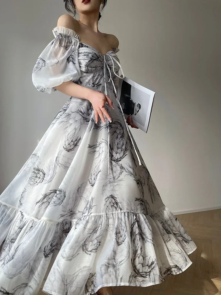 

2024 Spring Sexy French Dress Women Floral Print Vintage Short Party Midi Dresses Female Patchwork Korean Style Elegant Clothes