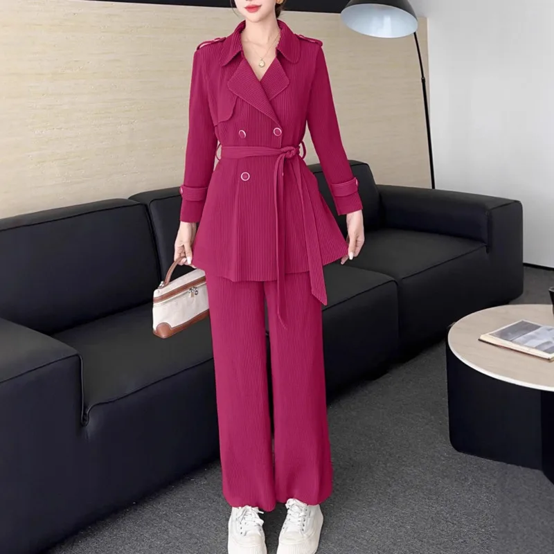 WHTREND Color sólido traje cuello manga larga corbata abrigo + Pantalones rectos de cintura alta conjunto de dos piezas otoño primavera nuevo