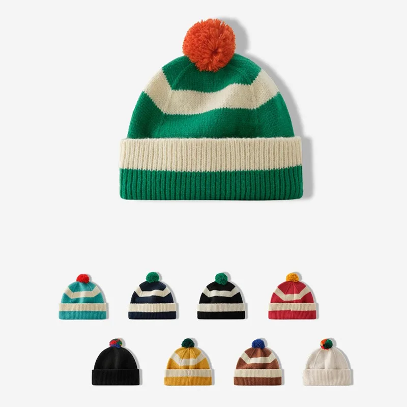 Advanced Striped Contrasting Knitted Hat For Women In Autumn And Winter, Korean Style Trendy Couple Versatile Woolen Hat