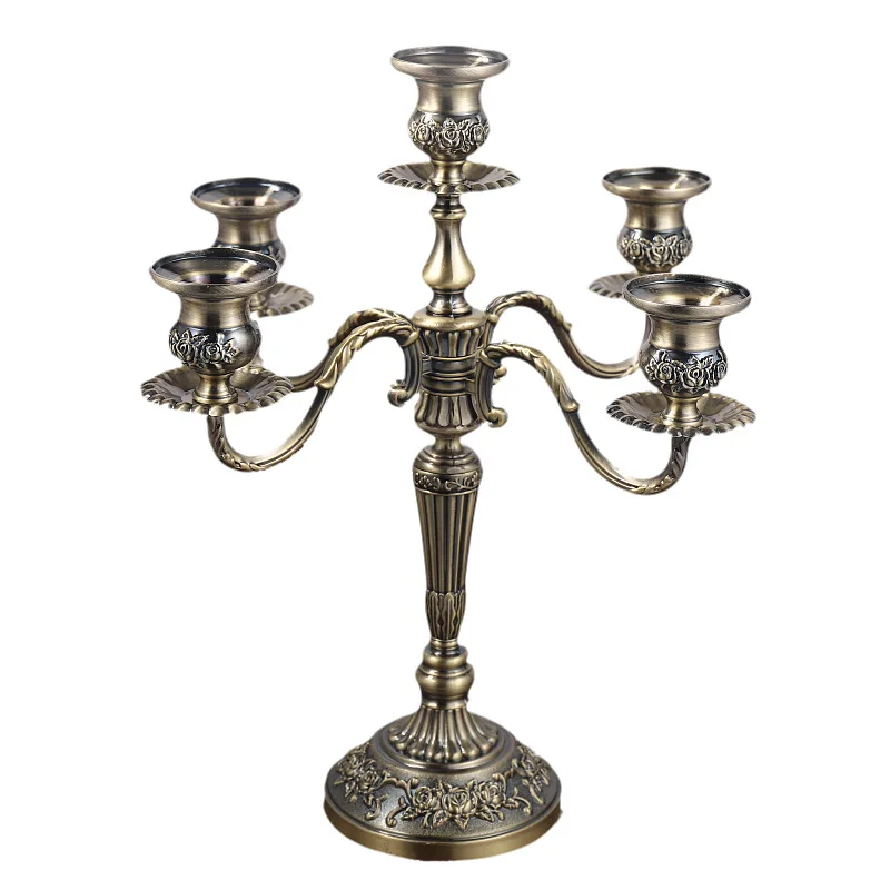 5 Arm Antique Bronze Candelabra Metal Taper Candle Holder Rose Embossed Candlestick for Wedding Dining Table Home Decor