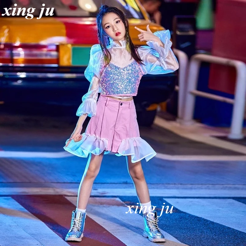 Gilet à paillettes pour enfants, haut transparent, Costume de danse Jazz, jupe Patchwork Hip Hop, vêtements de spectacle sur scène pour enfants