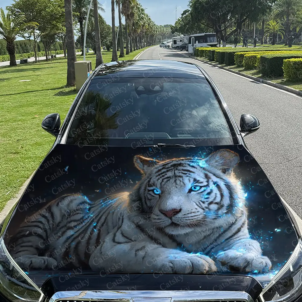 

Blue Eyes White Tiger Car Hood Vinyl Wraps, PVC Waterproof Car Bonnet Decals, Self-Adhesive Scratch-Resistant Stickers For Engin