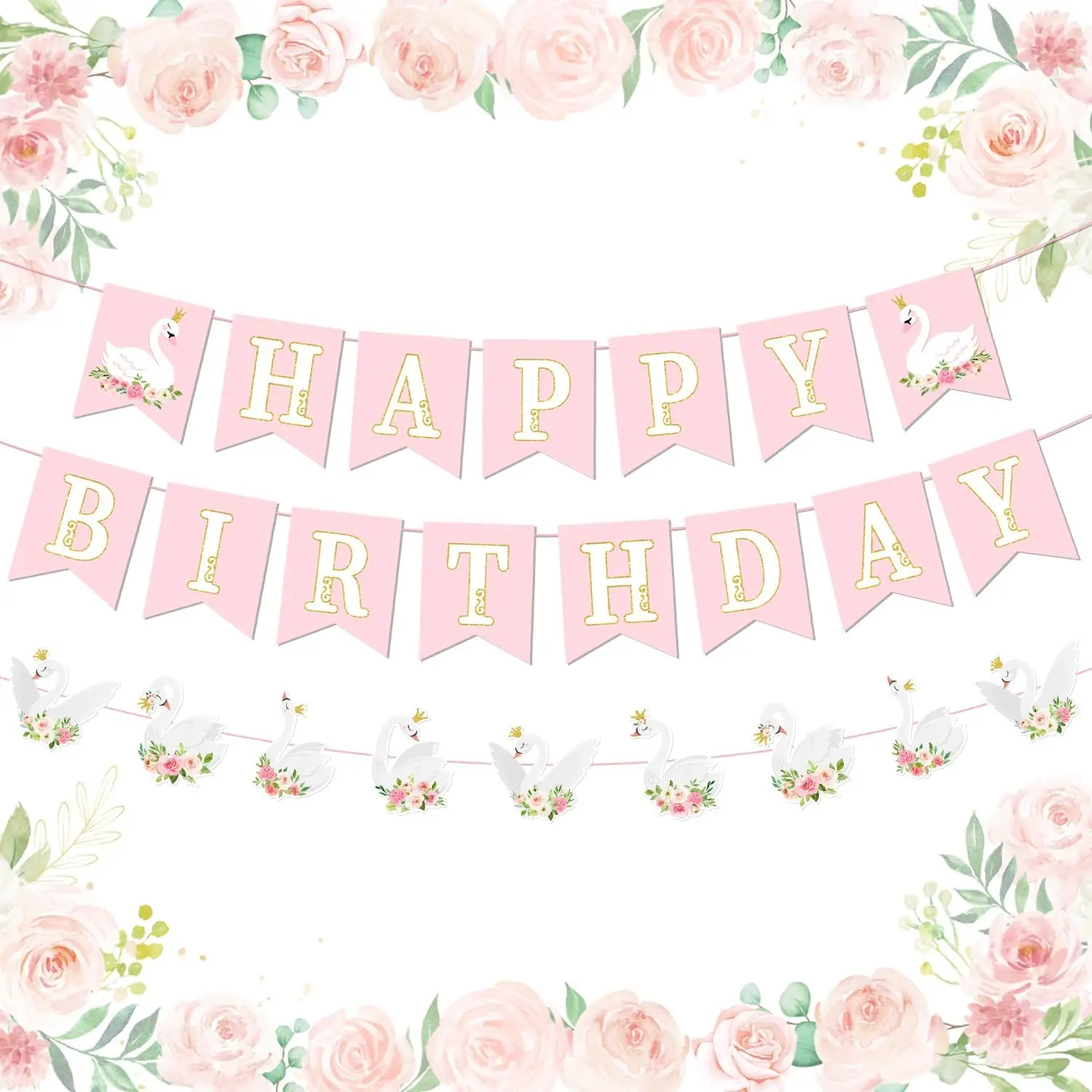 

Swan Happy Birthday Banners Princess Party Decoration White Swan Party Hanging Banners Swan Cutout Banners for Girls Birthday