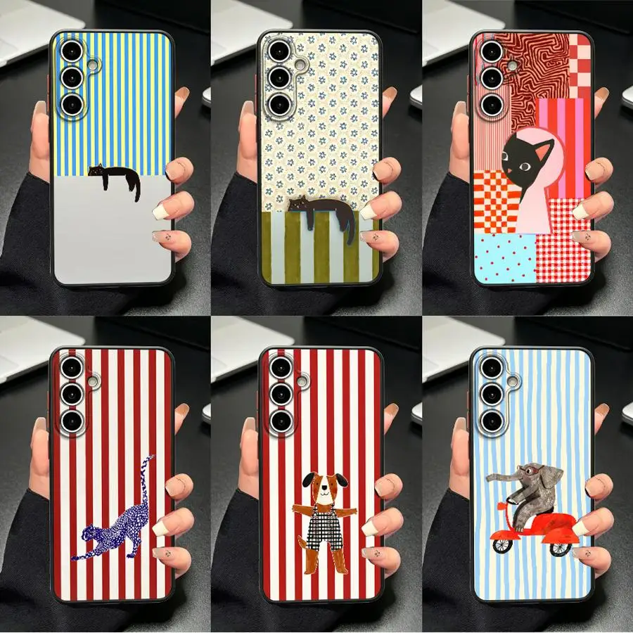 Blue Stripe Cat Phone Cover Case for Samsung Galaxy A57 A72 A16 A15 A33 A37 A53 A54 A17 A52 A56 A55 A35 A34 A36 A14 A23