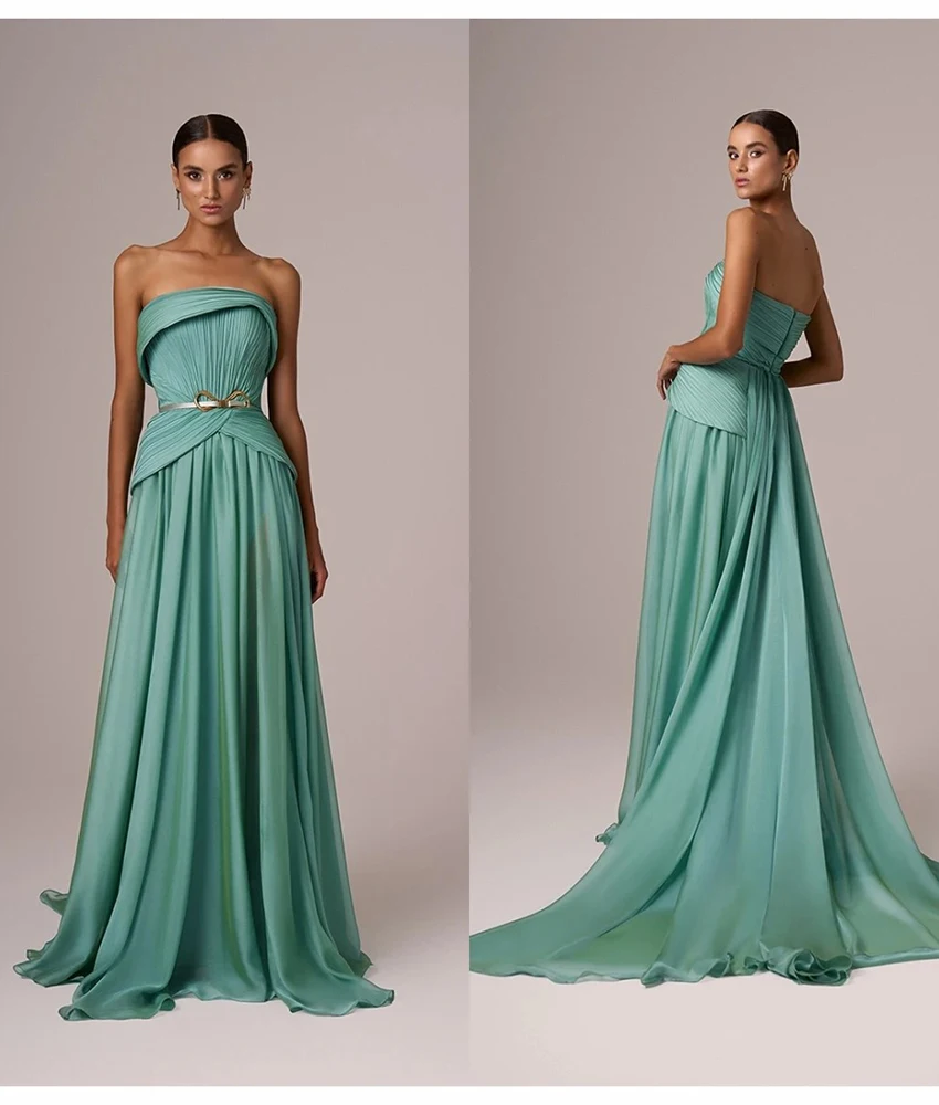 Customized Graceful Chiffon A-Line 3D Bow Belt Evening Dress High Quality Sleeveless Strapless Floor Length prom dresses