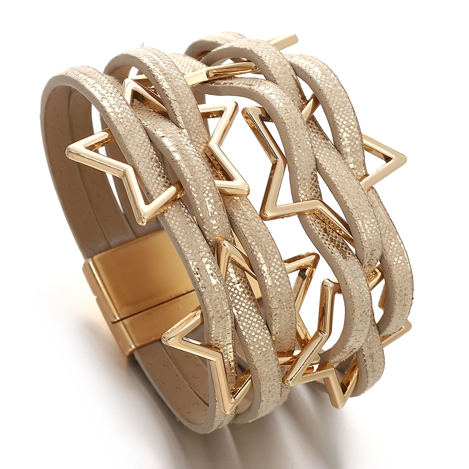 

Amorcome Vintage Shiny Multilayer Leather Wide Bracelet for Women Trendy Pentagram Magnetic Buckle Charm Bangle Female Jewelry