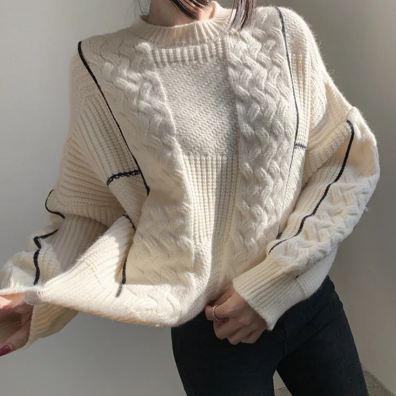 Round Neck Midi Knitted Pullovers Women Fall Winter Korean Loose Striped Long Sleeve Sweaters Top 2 Colors