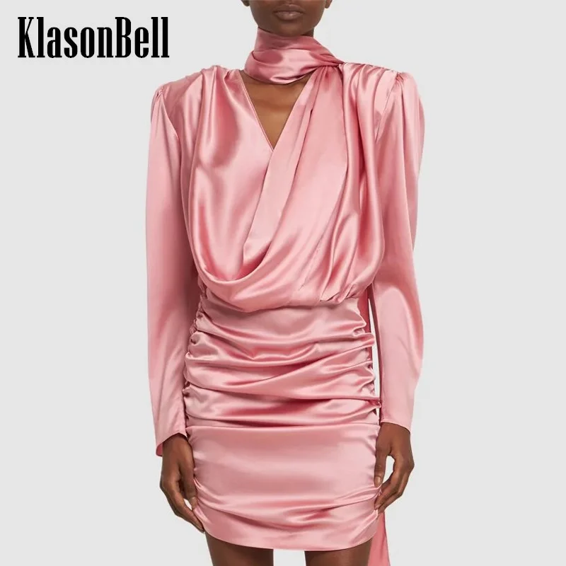 

7.29 KlasonBell Women Fashion Ribbon V-Neck Ruched Button Collect Waist Package Hip Dress Elegant Shoulder Pads Banquet Dress