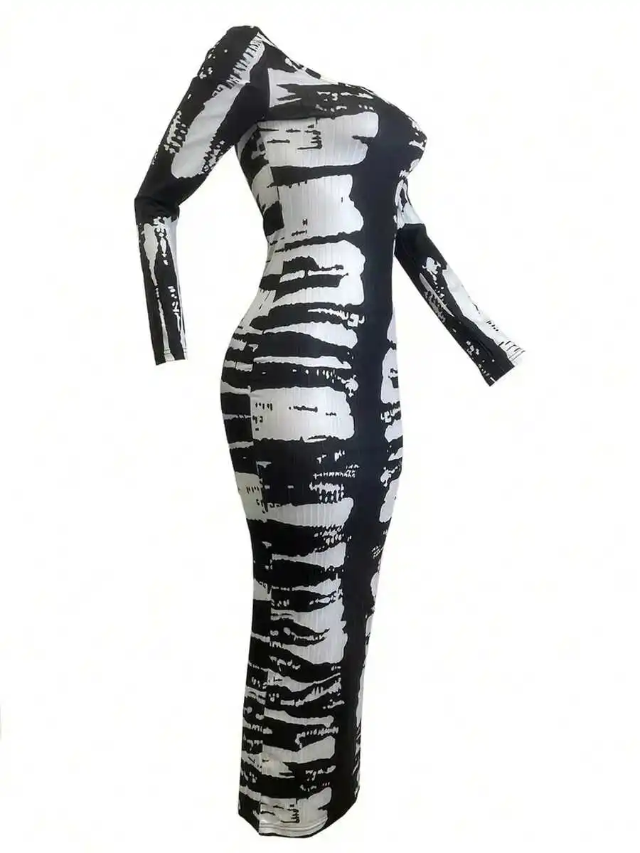 

Elegant Long Sleeve Ankle Length Contrast Print Bodycon Dress For Women