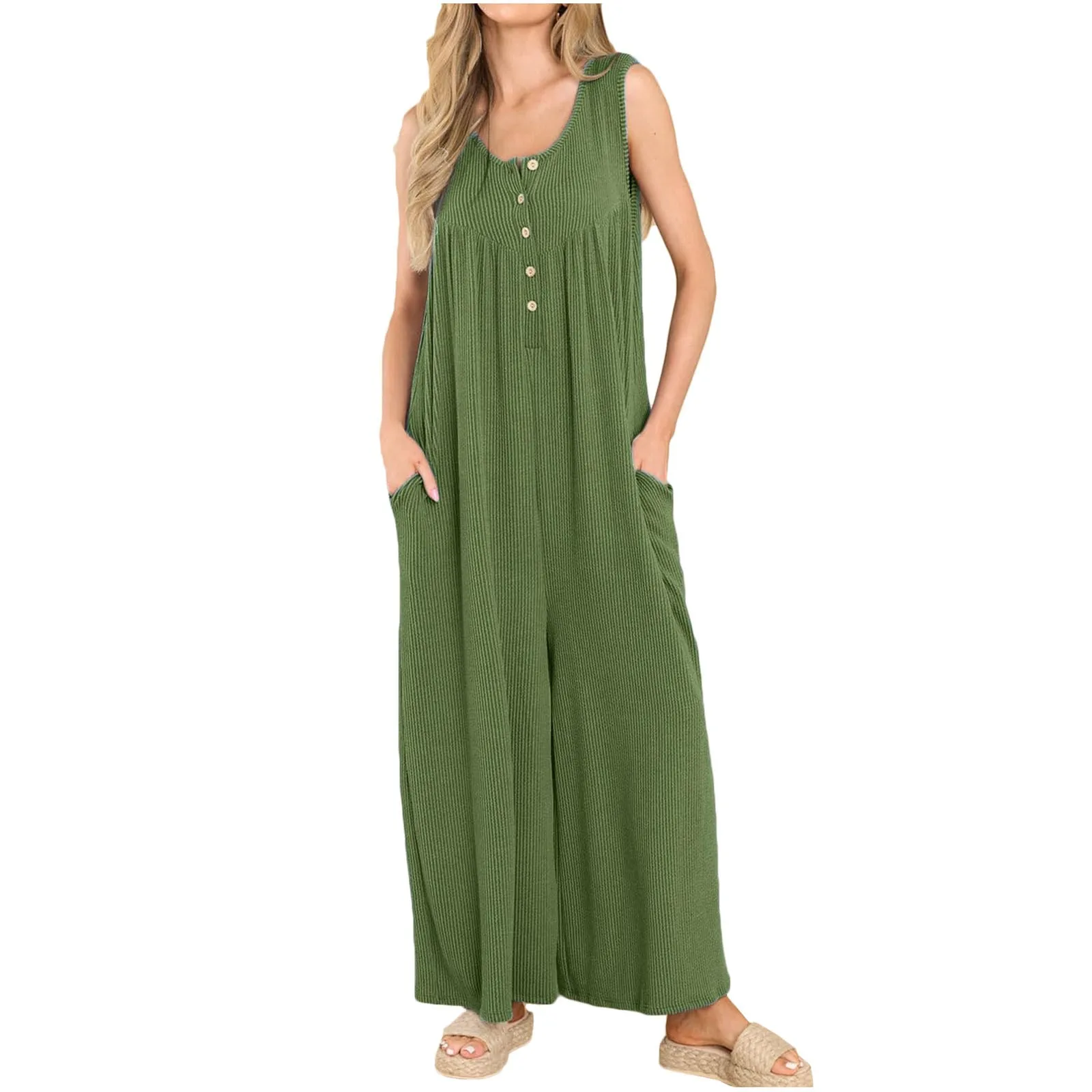 

Women'S Sleeveless Plus Size Jumpsuit Solid Color Loose Wide Leg Button Pocket Overalls Casual One-Piece Ankle-Length Pants