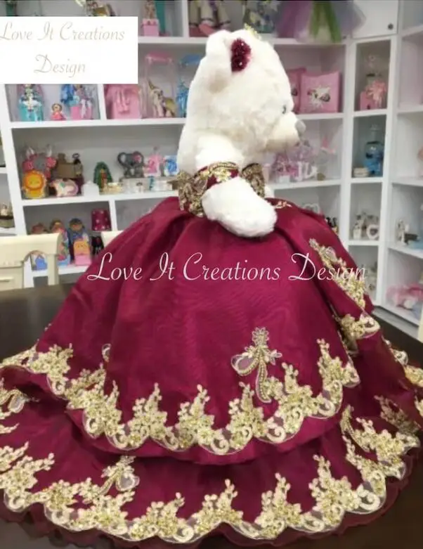 Burgundy Personalized Quinceanera Teddy Bear Dress Gold Lace Applique Beaded Custom Made Little Teddy Bear Dress