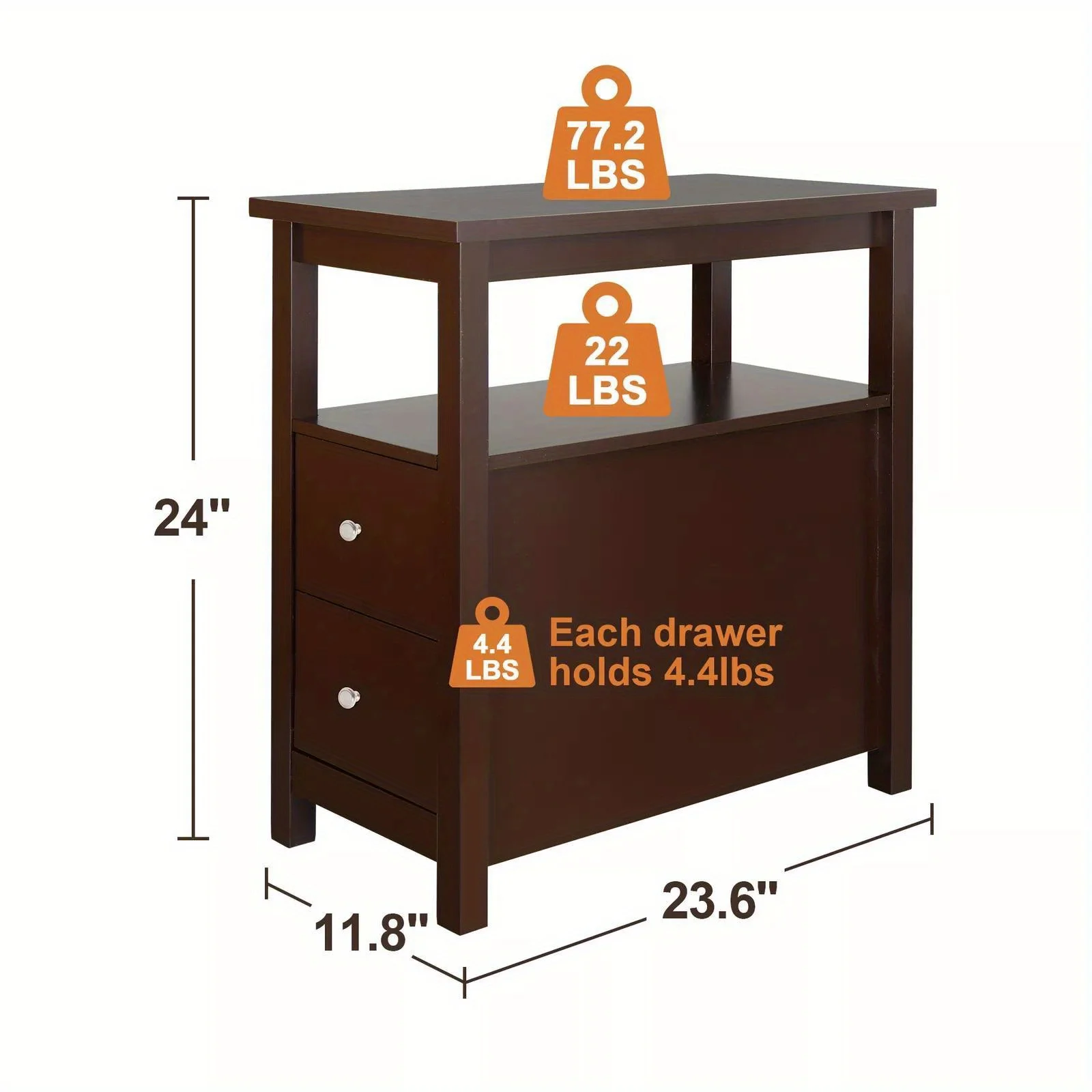 Bijzettafels met 2 lades en opbergplank, 3 niveaus smalle bank bijzettafel voor woonkamer slaapkamer appartement kleine ruimtes, espresso