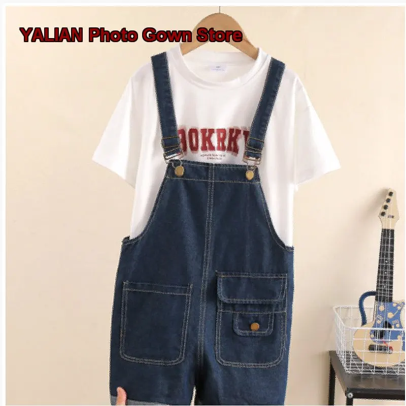 Girls Denim Skort Kids Summer Thin Loose Capri Shorts with Strapless T-Shirt Younger Teens Short Sleeves Older Kids