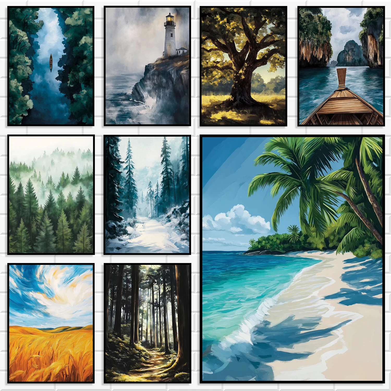 Nature Scenery Wall Art Poster Forest Beach Ocean Mountain Landscape Canvas Print Wilderness Nature Picture for Home Room Decor