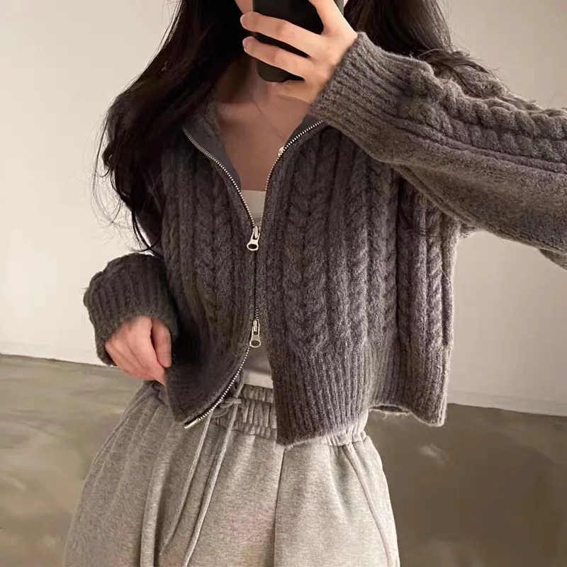 Herbst Winter neue koreanische Vintage Doppel reiß verschluss Pullover Frauen einfarbig elegante kurze Pullover Mäntel gestrickte Strickjacken