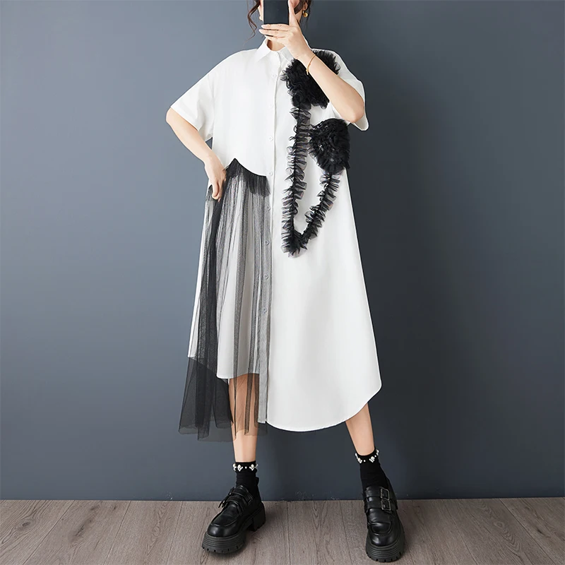 Sweet Short Sleeve Shirt Dress with Mesh Splicing Print Design Loose Fit plus Size Casual Style Cotton Polyester Blend Long S...