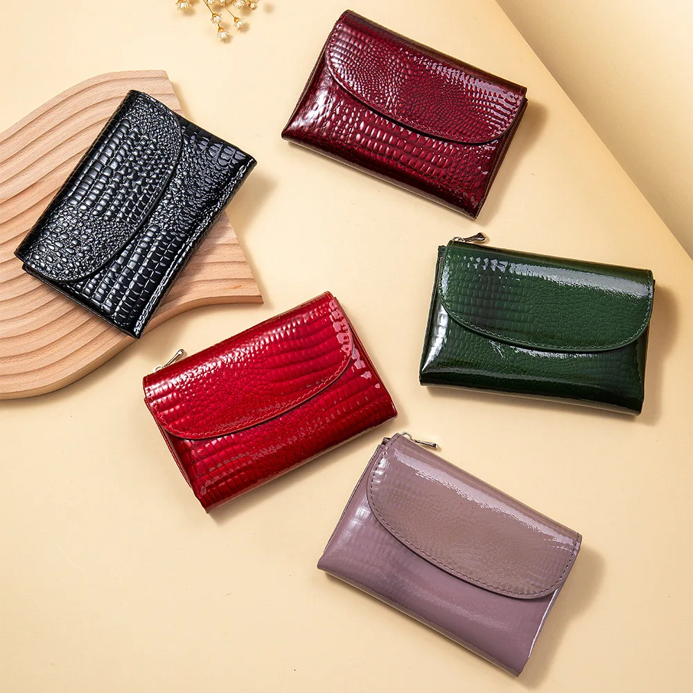 Crocodile Pattern Short Wallets for Women Genuine Cow Leather Trifold Multi Card Holder Vintage Coin Purse