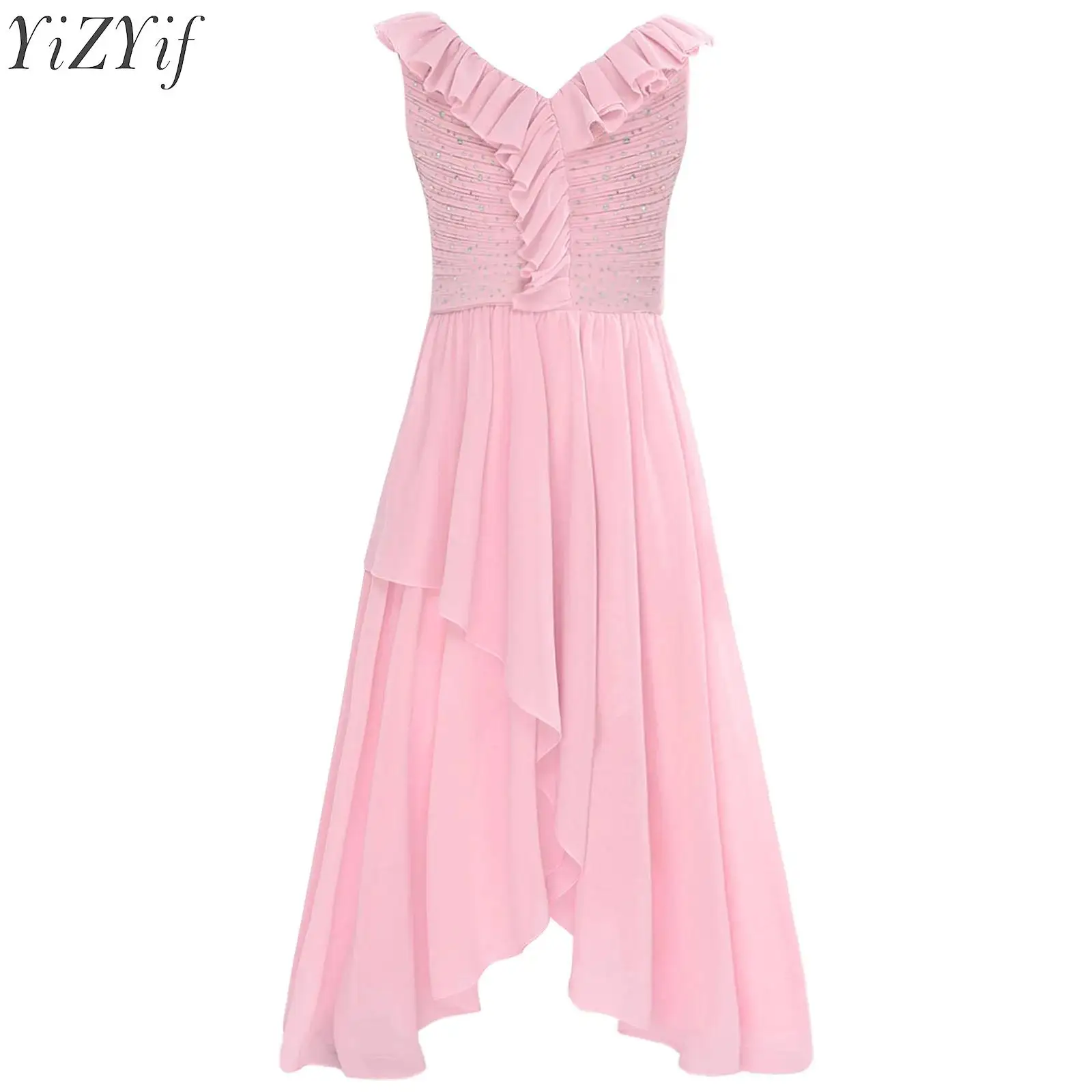 

Kids Flower Girls Dress V-neck Sleeveless Ruffled Hem Rhinestone High Waist Full Length Birthday Dress for Wedding Bridesmaid